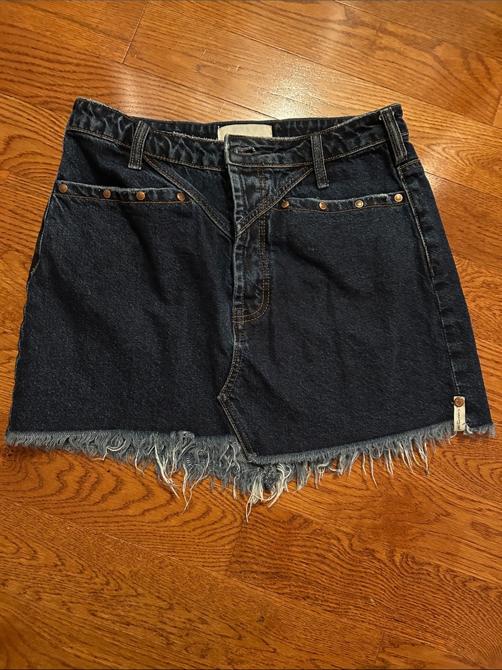 One Teaspoon Dark Blue Denim Mini Skirt with Frayed Hem and Studs size 27